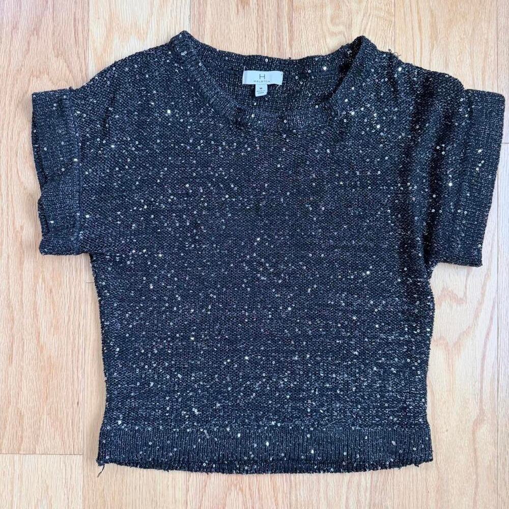 Halston Sequin Knit Top Black Silver Y2K Short Sleeve V-Neck Fitted M